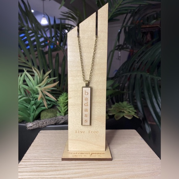 HANDMADE Necklace Artisan Wood “BAD ASS” Pendant Statement Organic & Gift Box - Picture 2 of 5